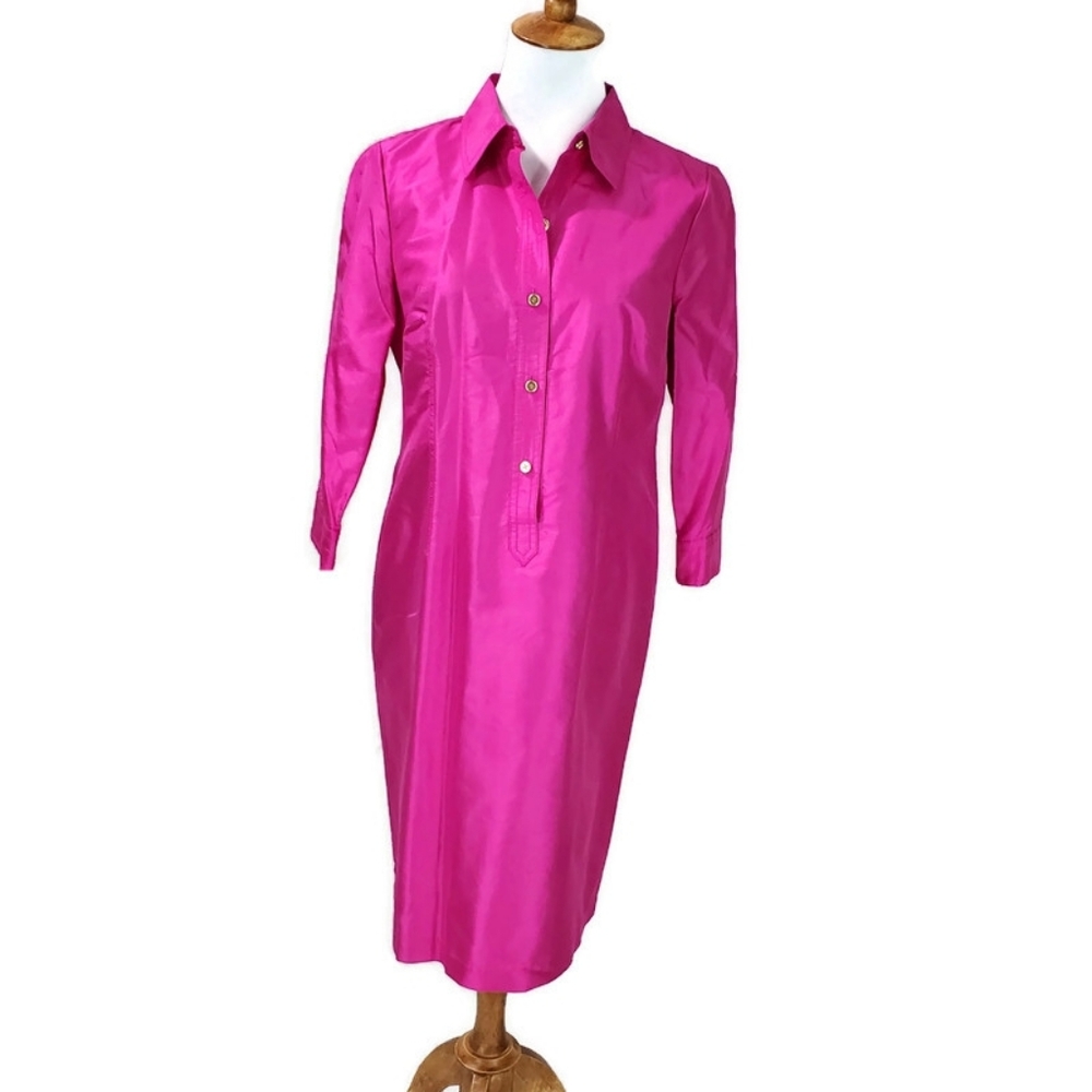 Talbots 100% silk sheath dress 6P Textured Fuschia Hot Pink Taffeta Shirt Dress - Picture 2 of 16